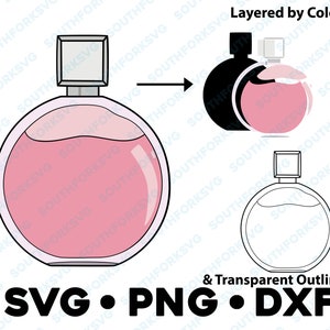 Roze parfumflesje SVG PNG DXF gelaagd op kleur gesneden bestand Clip Art Vectorafbeelding schattig pictogram portemonnee borstel make-up lippen lippenstift kleding