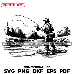 Archivos de grabado láser Escena de pescador con mosca svg png dxf eps pdf / diseño gráfico vectorial transparente corte impresión sublimación uso comercial