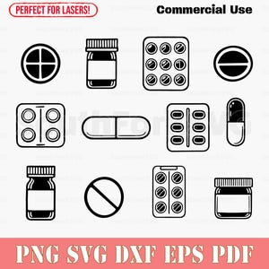 Pills and Pill Bottle Bundle svg png dxf pdf eps | vector graphic design cut print dye sub laser engrave digital files commercial use