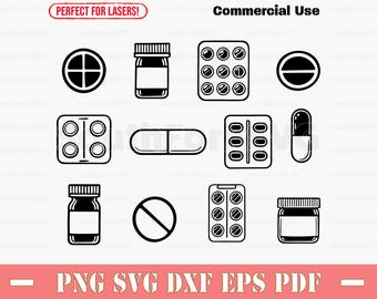 Pills and Pill Bottle Bundle svg png dxf pdf eps | vector graphic design cut print dye sub laser engrave digital files commercial use