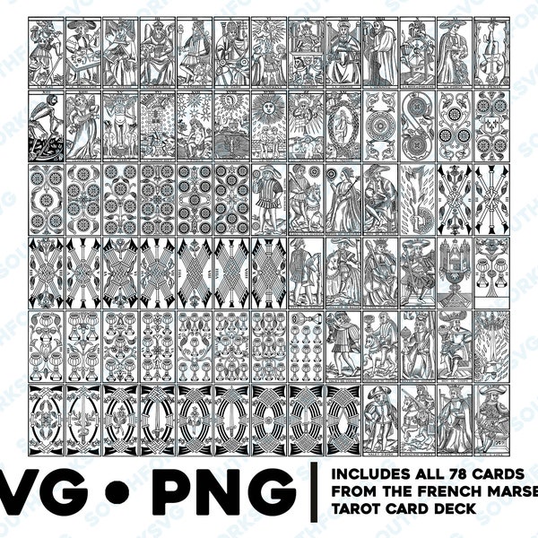 Français Marseille Tarot Full 78 Card Deck Set SVG PNG Bundle Transparent Backgrounds | Zodiac Divinatory Vector Graphic Clip Art Fichiers découpés