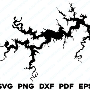 May include: Black and white silhouette of a lake with a winding shoreline.