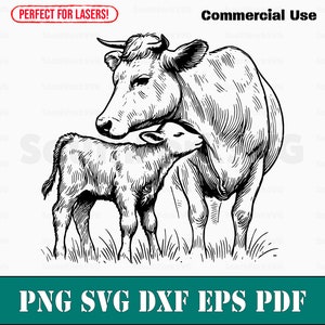 Mama en baby koe kalf svg png dxf eps pdf | lasergraveren gesneden afdrukbestanden vector grafische illustraties instant digitale download commercieel gebruik