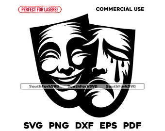 May include: Black and white illustration of two theatrical masks, one smiling and one crying. The masks are side by side and partially overlap. The text "PERFECT FOR LASERS!" is in a red rectangle at the top of the image. The text "COMMERCIAL USE" is at the top of the image. The text "SouthForkSVG" appears three times at the bottom of the image.