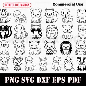 May include: A collection of black and white animal illustrations, including a squirrel, turtle, mouse, snake, frog, skunk, raccoon, hedgehog, bear, owl, moose, deer, rabbit, and others. The text "Commercial Use" is at the top.
