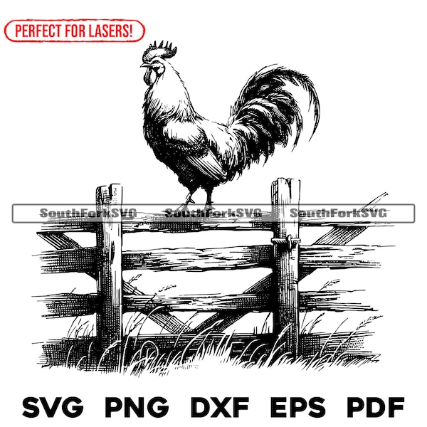 Rooster on a Fence Laser Engrave Files svg png dxf eps pdf | vector graphic design cut print dye sub cnc digital file commercial use