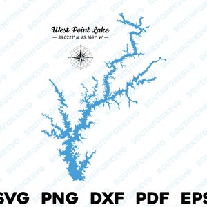 West Point Lake Georgia Alabama kaart vorm silhouet svg png dxf pdf eps vector grafisch ontwerp gesneden gravure laserbestand afbeelding boot meer