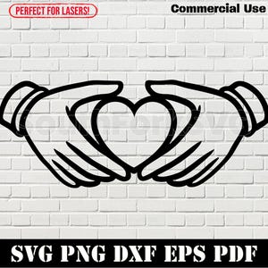 Könnte beinhalten: Schwarz-weiße Grafik von zwei Händen, die ein Herz formen. Das Bild enthält den Text "Perfect for Lasers!" und "Commercial Use". Der untere Teil des Bildes enthält den Text "SVG PNG DXF EPS PDF".