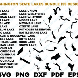 33 Washington State Lake Mega Bundle carte forme Silhouette svg png dxf pdf eps conception graphique vectorielle coupe gravure fichier laser vie au bord du lac