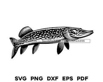 May include: Black and white silhouette of a pike fish with a spotted pattern.