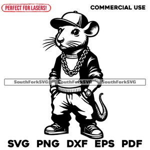 May include: Black and white illustration of a rat wearing a baseball cap, a gold chain, and a jacket. The rat is standing with its hands in its pockets and has a tail.