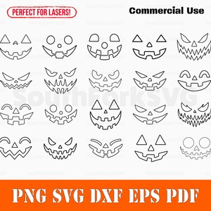 May include: A set of 18 black and white outline images of different jack-o'-lantern faces.  The images are perfect for crafting and creating Halloween decorations.