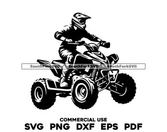 May include: Black and white silhouette of a person riding an ATV. The person is wearing a helmet and is in a riding position. The ATV has four wheels and a handlebar.