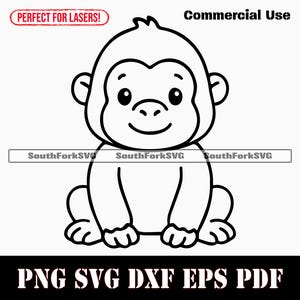 Puede incluir: Ilustración de dibujos animados en blanco y negro de un mono sentado con una cara sonriente. La imagen incluye el texto "Commercial Use" y "PNG SVG DXF EPS PDF". También se incluye el texto "PERFECT FOR LASERS!"