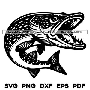 May include: A black and white illustration of a fish with an open mouth, showcasing sharp teeth. The fish is in a dynamic pose, with its body curved. The image includes the text "SVG PNG DXF EPS PDF" at the bottom.