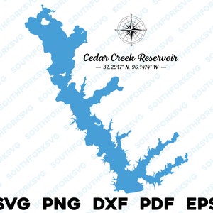 May include: A blue outline map of Cedar Creek Reservoir in Texas. The map includes the coordinates 32.2917° N, 96.1474° W. The text "SVG PNG DXF PDF EPS" is at the bottom of the image.