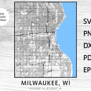 Milwaukee Wisconsin City Roads Lake Map / svg png dxf pdf eps / progettazione grafica vettoriale taglio incisione laser file cnc Download digitale istantaneo