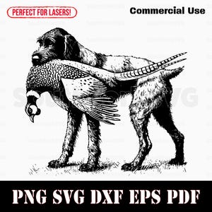 May include: Black and white illustration of a dog carrying a pheasant. The dog is in a walking pose, with the pheasant held in its mouth. The image includes the text "Commercial Use" and "Perfect for Lasers!" at the top, and "PNG SVG DXF EPS PDF" at the bottom.