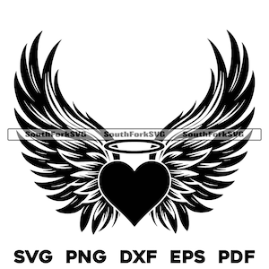 Asas de anjo com coração e halo 1 | svg png dxf eps pdf | arquivo de corte de gráfico vetorial laser clip art | download digital instantâneo uso comercial