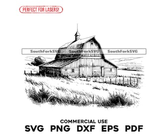 May include: Black and white line art illustration of a barn with a tall roof and a single door. The barn is surrounded by grass and a fence.