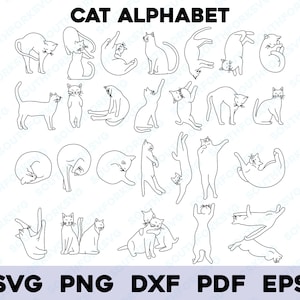 Alfabeto de contornos de gato svg png dxf eps pdf Bundle | A-Z Kitten ABCs design gráfico vetorial corte impressão sublimação cnc laser gravar arquivos