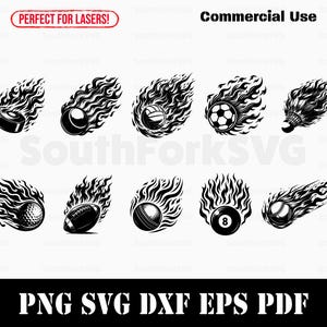 Pacote de bolas esportivas flamejantes svg png dxf eps pdf | design gráfico transparente corte impressão sublimação de tinta gravação a laser cnc arquivos uso comercial