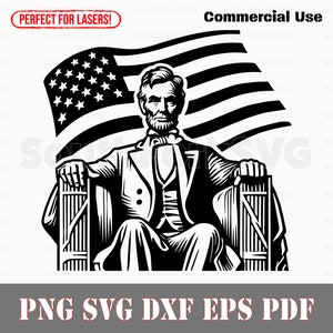 Puede incluir: Ilustración en blanco y negro de Abraham Lincoln sentado en una silla con una bandera estadounidense detrás de él. La imagen es perfecta para cortar con láser.