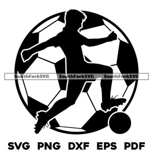 サッカー選手とサッカーボールのロゴデザイン | svg png dxf eps pdf | 透明なグラフィックデザイン、カット、印刷、ダイサブ、レーザーファイル、商用利用