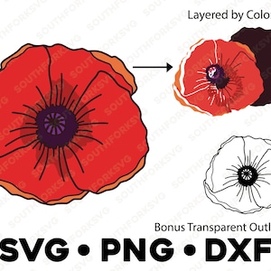 Coquelicot fleur SVG PNG DXF superposés par couleur fichier coupé Cricut Silhouette camée Floral design Illustration botanique Jardin plantes Fleurs sauvages
