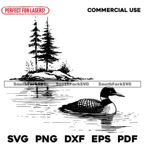 Puede incluir: Ilustración en blanco y negro de un colimbo nadando en un lago con dos pinos en una pequeña isla en el fondo. El texto "COMMERCIAL USE" está en la parte superior de la imagen.