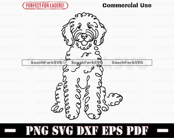 May include: Line art illustration of a doodle dog with curly fur. The dog is sitting with its legs crossed and its tail curled behind it.