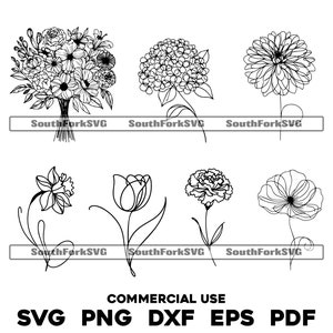 Pakiet Flower Line Art SVG PNG DXF EPS PDF | Grafika wektorowa Cięty plik Laser Clip Art | Natychmiastowe pobieranie cyfrowe do użytku komercyjnego