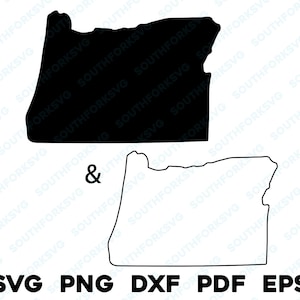 May include: Black and white outline of the state of Oregon. The outline is filled in black on the left side of the image and is empty on the right side of the image. The text "SVG PNG DXF PDF EPS" is below the outline.