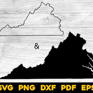 May include: A black and white graphic design featuring the outline of the state of Virginia. The design includes a solid black silhouette of the state and a thin outline above it, separated by an ampersand. Below the image are the letters SVG, PNG, DXF, PDF, and EPS.