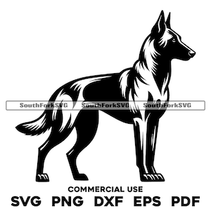 Puede incluir: Silueta en blanco y negro de un perro pastor belga malinois de pie con la cabeza girada hacia la derecha. El perro está mirando hacia el lado derecho de la imagen.