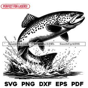 Fichier de gravure laser truite brune sautant | svg png dxf eps pdf | Conception graphique vectorielle transparente teinture imprimée sous utilisation commerciale