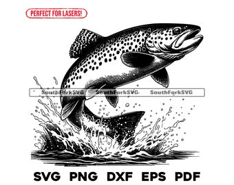 Laser Engrave File Brown Trout Jumping | svg png dxf eps pdf | transparent vector graphic design cut print dye sub commercial use