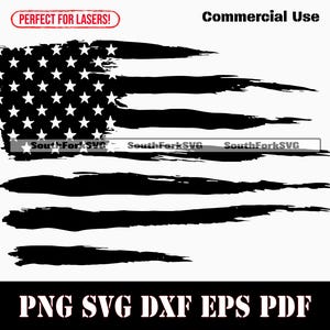 May include: Black and white distressed American flag design. The flag features white stars in the upper left corner and black stripes. Text includes "Commercial Use" and "Perfect for Lasers!" at the top, and file type options at the bottom.