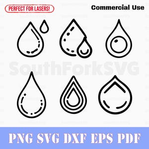 May include: Set of six black and white water drop illustrations. The water drops are in various styles, including a simple outline, a drop with a smaller drop inside, and a drop with a circle inside.