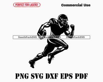 May include: Black and white silhouette of a football player running with the ball. The player is wearing a helmet and uniform.
