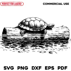 May include: Black and white line art illustration of a turtle sitting on a log in a body of water. The turtle is facing the right side of the image.