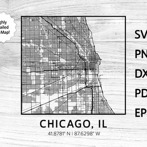Chicago Chicago Stadt Straßen Straßen Karte | svg png dxf eps | Vektorgrafik Design Laser geschnitten Cnc Datei Sofortiger digitaler Download