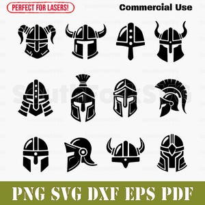May include: Set of ten black and white helmet silhouette illustrations. The helmets are in various styles, including viking, knight, and roman.