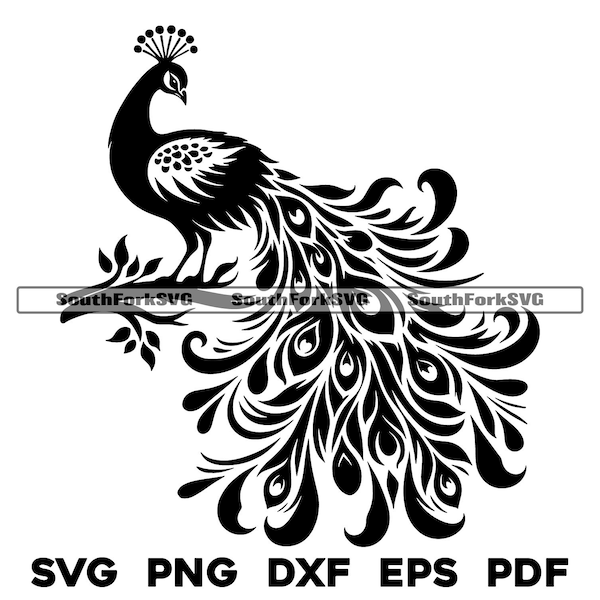 Simple Peacock on Branch Design | svg png dxf eps pdf | vector graphics design cut print dye sub laser engrave digital files commercial use