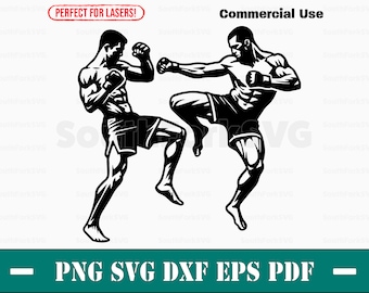 May include: Black and white silhouette of two martial artists in a fighting pose. One fighter is kicking with their right leg while the other fighter is blocking with their left arm.  "PERFECT FOR LASERS!" and "Commercial Use" are written in the image.