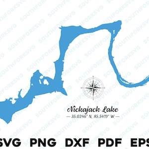 Mapa del lago Nickajack, Tennessee, silueta, forma, svg, png, dxf, pdf, eps, diseño gráfico vectorial, corte, grabado, archivo láser, imagen, barco, lago, casa