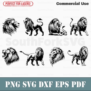 Op de afbeelding: Een verzameling zwart-witte leeuwenillustraties in verschillende poses, waaronder zijprofielen, lopen en brullen. De afbeelding bevat de tekst "Perfect for Lasers!" en "Commercial Use". De onderkant van de afbeelding bevat de tekst "PNG SVG DXF EPS PDF".