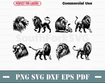May include: A collection of black and white lion illustrations in various poses, including side profiles, walking, and roaring. The image includes the text "Perfect for Lasers!" and "Commercial Use". The bottom of the image includes the text "PNG SVG DXF EPS PDF".