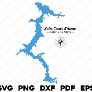Lago Coeur d'Alene Idaho Mapa Forma Silueta svg png dxf pdf eps vector diseño gráfico corte grabado archivo láser imagen barco lago