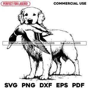 Golden Retriever Pássaro Cachorro com Pato svg png dxf eps pdf | gráfico de vetor cortado arquivo clip art a laser | download instantâneo para uso comercial